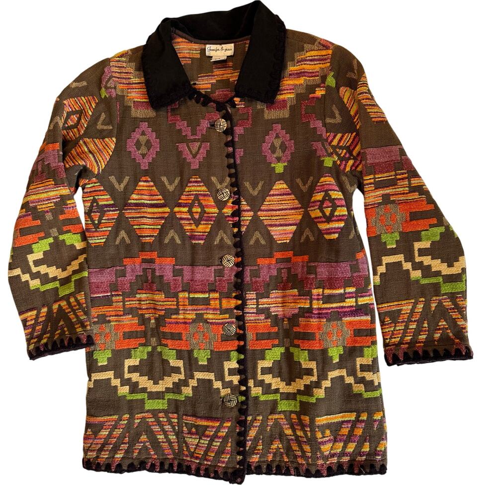 Jennifer & Grace Southwestern Aztec Tapestry Jacket Women's Small Cotton